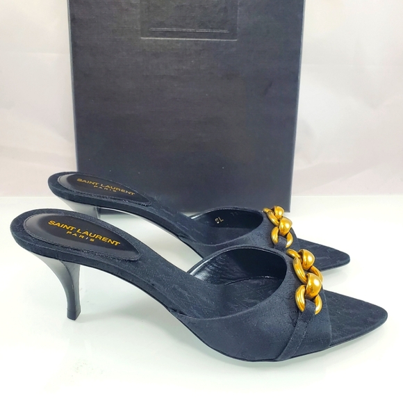 NWT$1050 Saint Laurent YSL Logo Maillon Gippy Chain Heel Slide Sandal Mule Sz 37 - Picture 8 of 17